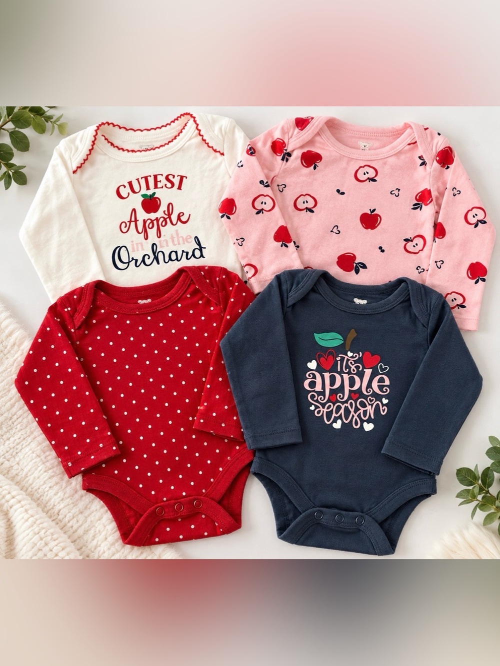 “Koala Baby 4-Piece Baby Girl Bodysuit Bundle 3-6M Apple Print Long Sleeve”.